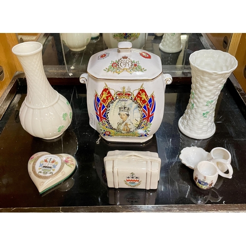 284 - X2 BELLEEK VASES, CRESTED WARE INCL SHEFFIELD AND SOUTHPORT, AND A RINGTONS ELIZABETH II GOLDEN JUBI... 