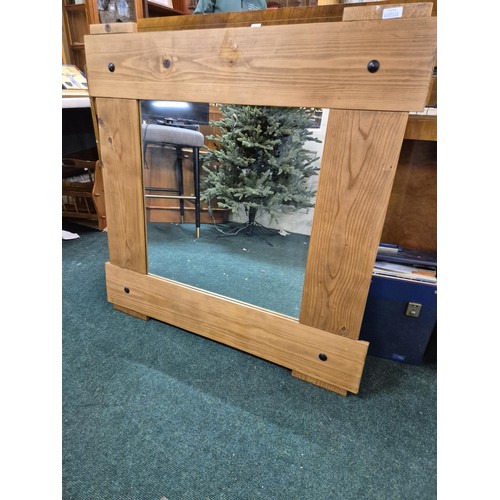 312 - LARGE SQUARE PINE FRAMED WALL MIRROR APPROX 96CM X 96CM