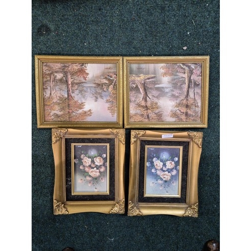 315 - X2 SMALL ORNATELY FRAMED OIL PAINTINGS OF FLOWERS SIGNED BOTTOM RIGH ALLAN, TOGETHER WITH A PAIR OF ... 