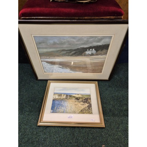 316 - A SMALL FRAMED WATERCOLOUR BY PEGGY GOODBURN OF 'TRAETH FLYN -WALES' A COASTAL SCENE AND A FRAMED CO... 