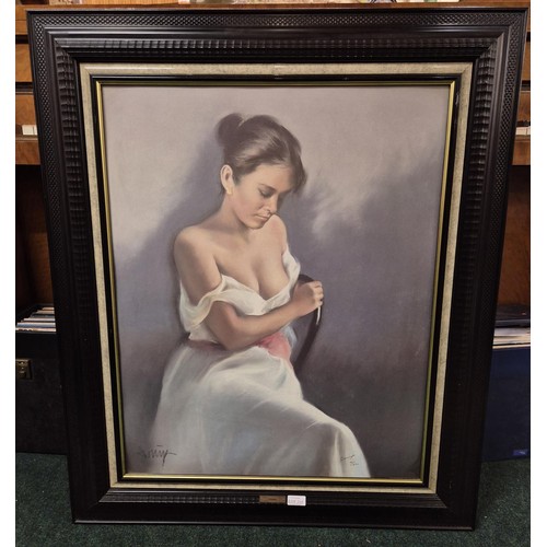 318 - A LARGE BLACK FRAMED PICTURE OF A LADY SEATED ON A CHAIR EYES CAST DOWN - THE FRAME HAS A BRASS PLAC... 