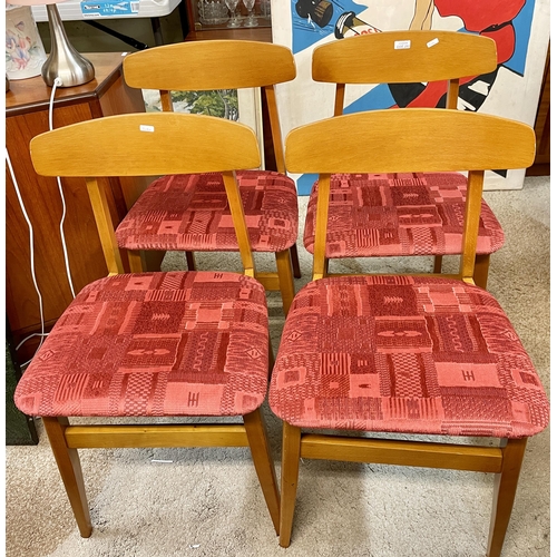 377 - A SET OF FOUR (4) MID-CENTURY DINING CHAIRS WITH LATER RED UPHOLSTERED PAD SEATS