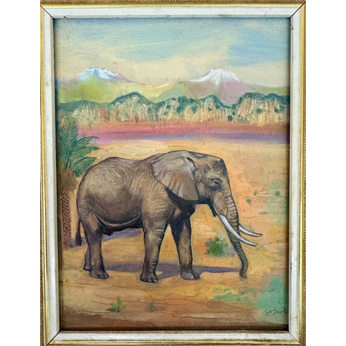 385 - GEORGE WALLACE JARDINE (BR. 1920 - 2003) - A PICTURE OF AN ELEPHANT IN A MOUNTAINOUS LANDSCAPE -SIGN... 