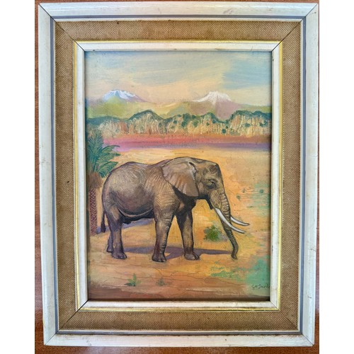 385 - GEORGE WALLACE JARDINE (BR. 1920 - 2003) - A PICTURE OF AN ELEPHANT IN A MOUNTAINOUS LANDSCAPE -SIGN... 