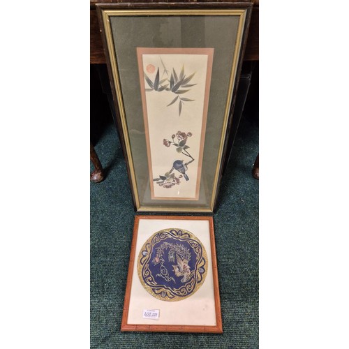 328 - A SMALL CIRCULAR FRAMED CHINESE SILK TOGETHER WITH A HAND PAINTED FRAMED CHINESE LINEN OF BIRDS ON A... 