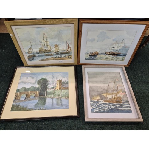 329 - X4 FRAMED WATERCOLOURS OF MASTED SAILING VESSELS AND OTHER -REPRODUCTIONS PICTURES BY AUSTIN DAVIES