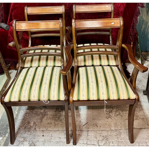 370 - A SET OF X4 REPRODUCTION REGENCY DINING CHAIRS, MAHOGANY WITH INLAY, X2 CARVERS, X2 CHAIRS