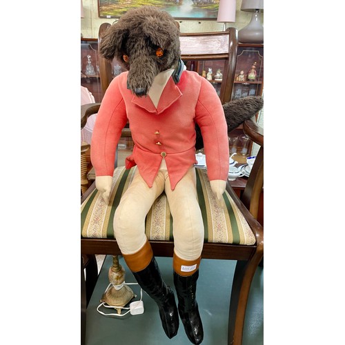 372 - A LARGE FOX TEDDY BEAR DRESSED IN HUNTING REDS, WITH JODHPURS AND BOOTS