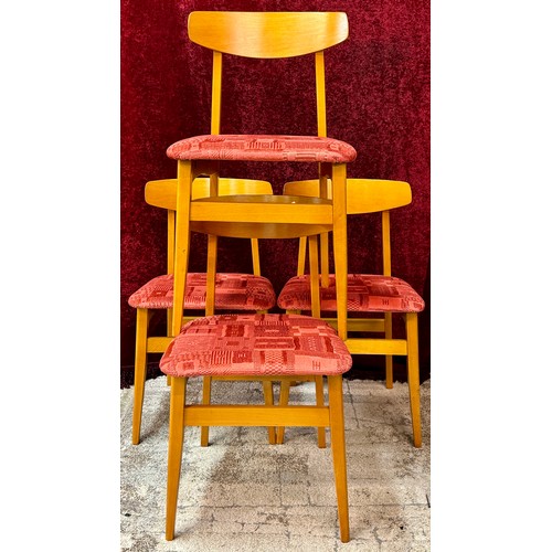 377 - A SET OF FOUR (4) MID-CENTURY DINING CHAIRS WITH LATER RED UPHOLSTERED PAD SEATS