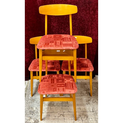 377 - A SET OF FOUR (4) MID-CENTURY DINING CHAIRS WITH LATER RED UPHOLSTERED PAD SEATS