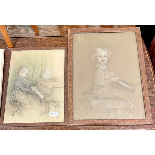 383 - X2 SKECTHES FRAMED BY M. PRINGLE 1917, CHILD AT A PIANO AND A LADY AT A PIANO