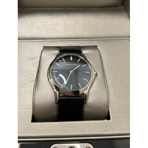 413 - EMPORIO ARMANI GENTS WRIST WATCH - BLACK AND SILVERED DIAL ON BLACK LEATHER STRAP- WITH OUTER AND IN... 