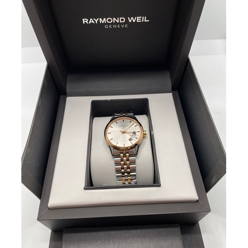 414 - RAYMOND WEIL GENTS AUTOMATIC WRISTWATCH - SILVERED DIAL WITH ROSE GOLD TONE ON TWO TONE METALLIC STR... 