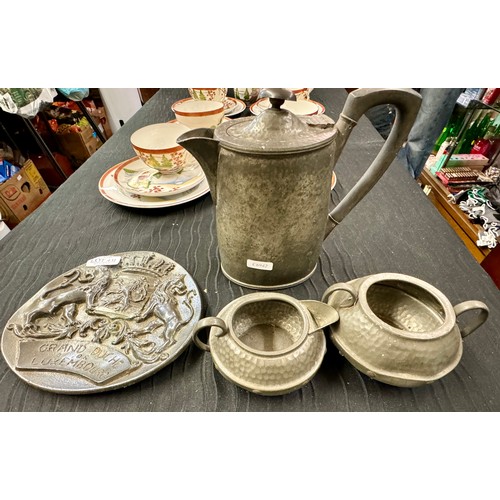 431 - A UNITY PEWTER TEA POT SUGAR BOWL AND MILK JUG TOGETHER WITH AN UNUSUAL METAL PLAQUE MARKED 'GRANDE ... 