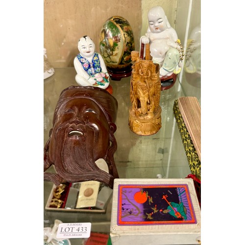 433 - VARIOUS ORIENTAL WARES INCL, X2 BUDDHA STYLE FIGURES, A SATSUMA EGG ON STAND. A CARVED WOODEN FACE M... 