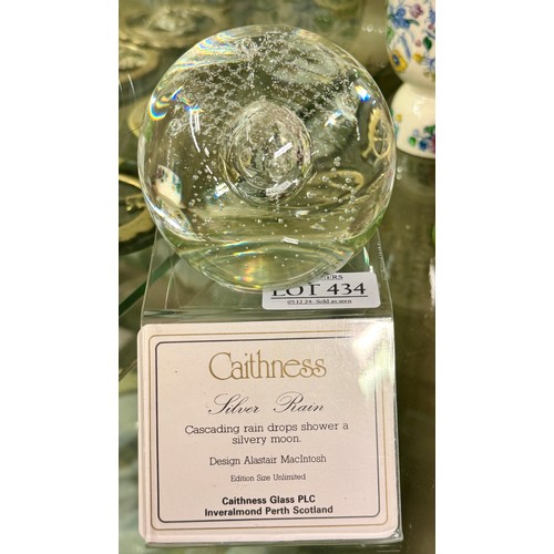 434 - A SIGNED CAITHNESS SILVER RAIN ALISTAIR MACINTOSH PAPERWEIGHT WITH STAND