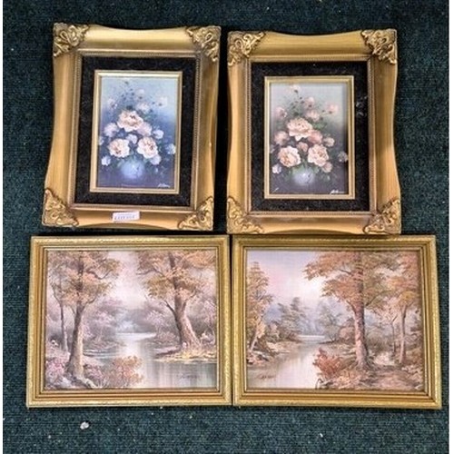 315 - X2 SMALL ORNATELY FRAMED OIL PAINTINGS OF FLOWERS SIGNED BOTTOM RIGH ALLAN, TOGETHER WITH A PAIR OF ... 