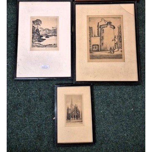 314 - X4 ANTIQUE ETCHINGS FRAMED, INCL LOCH LOMOND BY DONALD CRAWFORD, ROUEN BY HERRY, AND BAYONE BY MATTH... 