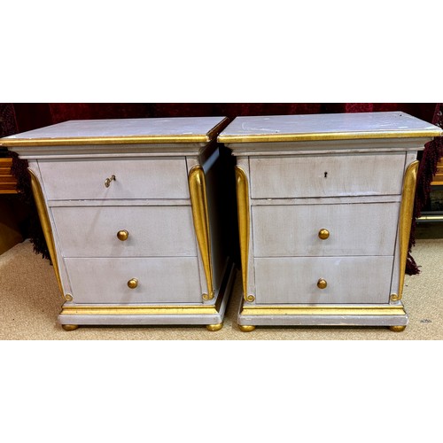 286 - A PAIR OF GILT AND SILVER GREY NIGHTSTANDS - WITH THREE DRAWERS -THE TOP DRAWER LOCKABLE WITH TWO LO... 