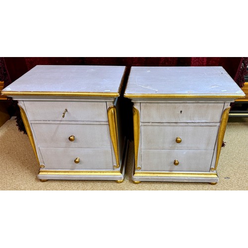 286 - A PAIR OF GILT AND SILVER GREY NIGHTSTANDS - WITH THREE DRAWERS -THE TOP DRAWER LOCKABLE WITH TWO LO... 