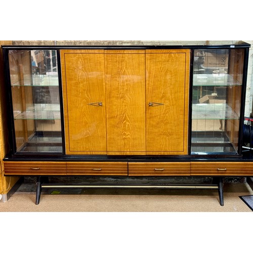 285 - A LARGE MAPLE BLACK ASH AND TEAK DUTCH ART DECO REVIVAL CABINET, MIRRORED SHELVED SLIDING DOOR ENDS,... 