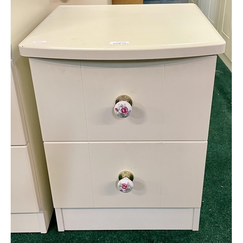 385 - A WHITE VENEERED BOW FRONT CHEST OF TWO DRAWERS, BEDSIDE CABINET TYPE, WITH PORCELAIN FLORAL KNOBS A... 