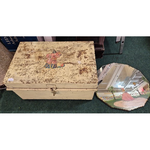 266 - A CREAM METAL STORAGE TRUNK WITH AN ELEPHANT MOTIF TO LID CONTAINING A SMALL QTY OF TOOLS AND A 12 S... 