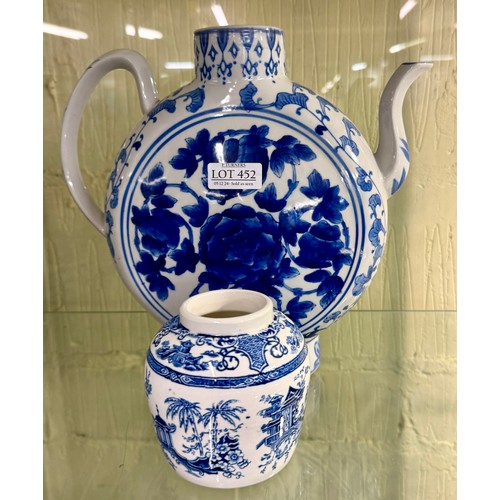 447 - BLUE & WHITE CHINESE EXPORT MOONFLASK TEAPOT H:26CMS MARKED TO BASE 'MADE IN CHINA' AND ONE OTHER