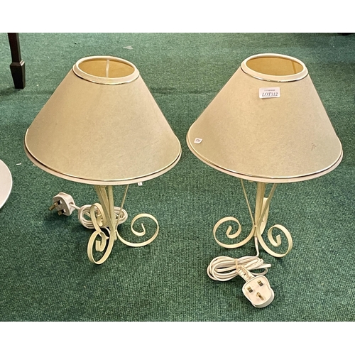 312 - A PAIR OF WHITE WROUGHT IRON TABLE LAMPS AND SHADES