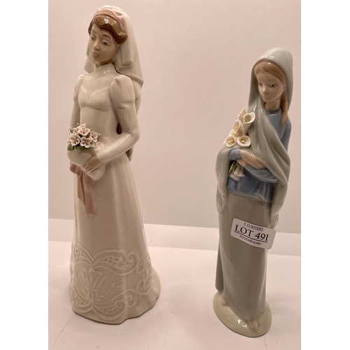 491 - TWO (2) SPANISH PORCELAIN FIGURINES - LLADRO 4650 - GIRL WITH CALLA LILLIES AND NADAL BRIDE WITH FLO... 