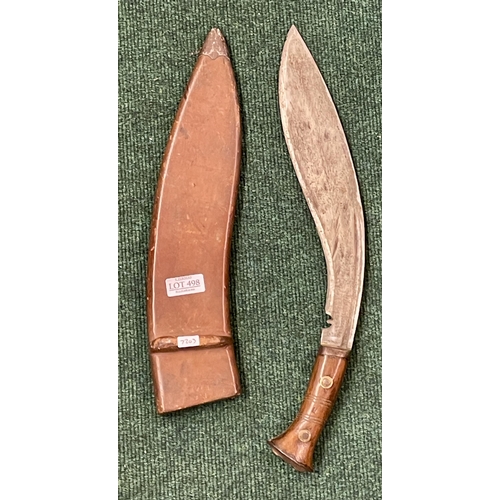 498 - A VINTAGE KUKRI WITH ORIGINAL LEATHER SHEATH - KUKRI MARKED M.I.L. TO BLADE