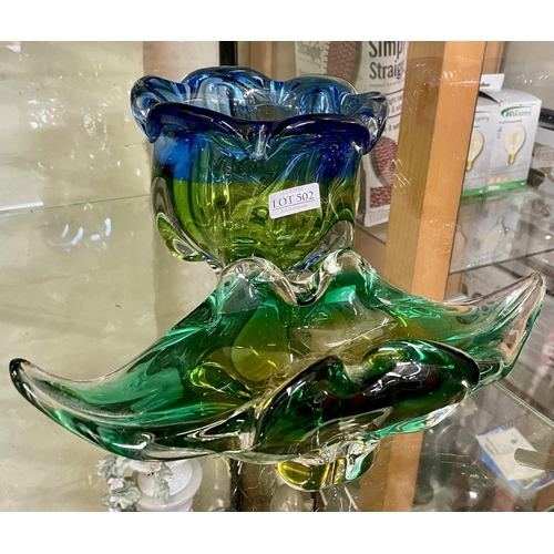 502 - A MURANO GLASS STYLE DISH AND VASE