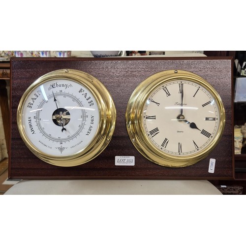 353 - A TEMPORA MAHOGANY FRAMED QUART CLOCK AND BAROMETER IN BRASS