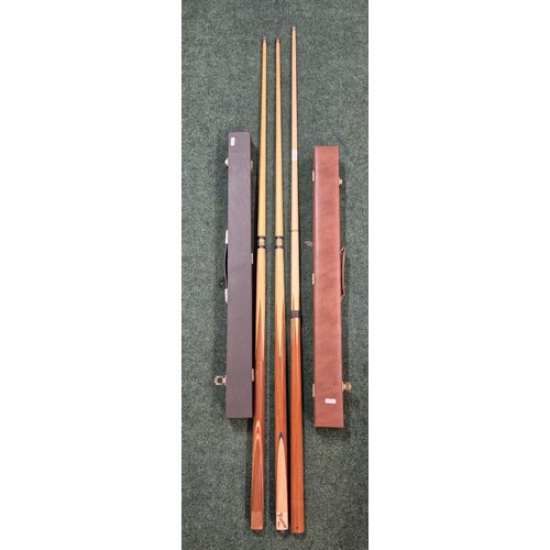 356 - 3 BILLIARD/SNOOKER CUES - 2 CASED -