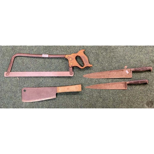 427 - A SET OF BUTCHERY EQUIPMENT INC. A SAW, KNIVES AND MEAT CLEAVER