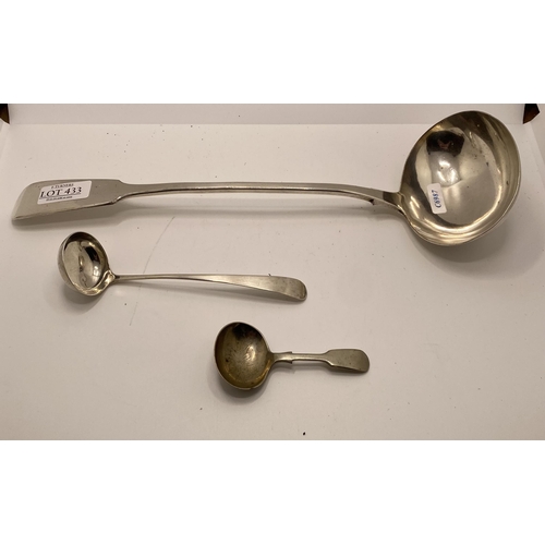 433 - A SMALL SILVER LADLE AND A LARGE PLATED LADLE WITH ONE OTHER