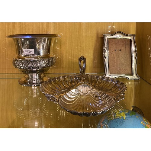 425 - A PLATED WALKER AND HALL ICE BUCKET, SERVING DISH IN THE FORM OF CLAM SHELL AND A PHOTO FRAME