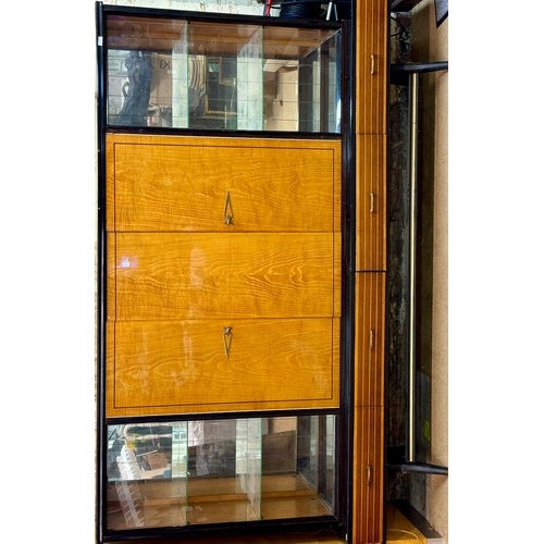 285 - A LARGE MAPLE BLACK ASH AND TEAK DUTCH ART DECO REVIVAL CABINET, MIRRORED SHELVED SLIDING DOOR ENDS,... 