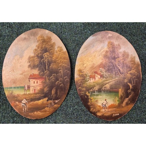 286 - PAIR OF OVAL OIL ON BOARD PAINTINGS OF FIGURES IN LANDSCAPES SIGNED BOTTOM RIGHT BELLA?