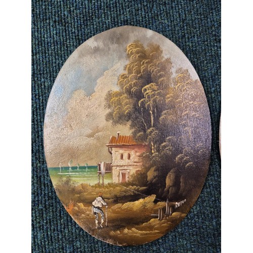 286 - PAIR OF OVAL OIL ON BOARD PAINTINGS OF FIGURES IN LANDSCAPES SIGNED BOTTOM RIGHT BELLA?