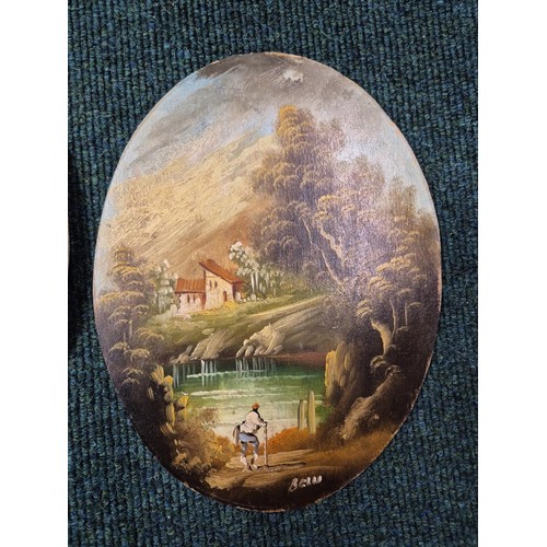 286 - PAIR OF OVAL OIL ON BOARD PAINTINGS OF FIGURES IN LANDSCAPES SIGNED BOTTOM RIGHT BELLA?