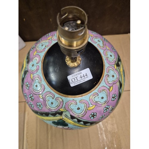 444 - A 19TH C. FAMILLE ROSE JAR, MOUNTED AS A LAMP, POSSIBLY CHINA STRAITS WARE, THE JAR ITSELF APPROX. 1... 