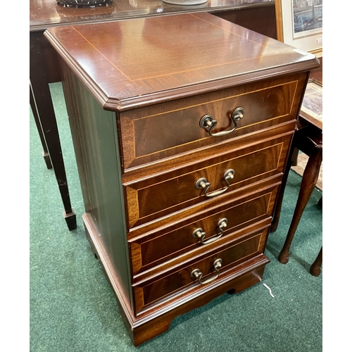 210 - AN INLAID MAHOGANY MUSIC CENTRE CABINET - LIFT LID, OPEN DOOR AND SHELF ON WHEELS