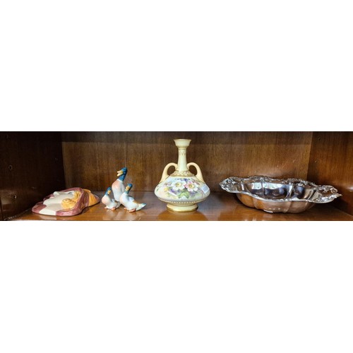 224 - SHELF OF X4 MISC. ITEMS INCL, SILVER PLATE ROCOCO STYLE RAISED BOWL, ROYAL WORCESTER BALLUSTER VASE ... 