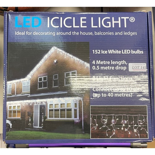 145 - A BOXED SET OF LED ICICLE LIGHTS 4M LENGTH CAN CONNECT TO FURTHER SETS