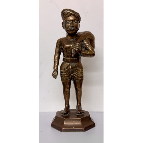 408 - INDIAN BRONZE FIGURE OF A FARMER -A HEAVY LATE 19TH C. BRONZE FIGURE - TURBANNED AND MOUSTACHIOED MA... 