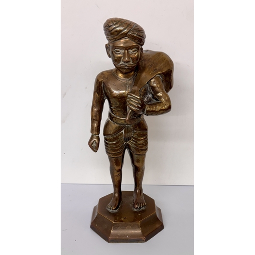 408 - INDIAN BRONZE FIGURE OF A FARMER -A HEAVY LATE 19TH C. BRONZE FIGURE - TURBANNED AND MOUSTACHIOED MA... 