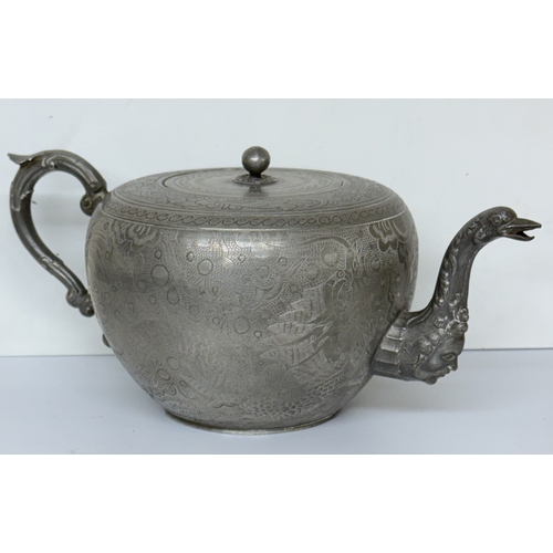 411 - CHINESE SWATOW PEWTER TEAPOT WITH REMOVABLE LINER, INTERTWINED DRAGON DESIGN UNUSUAL SPOUT WITH OPEN... 