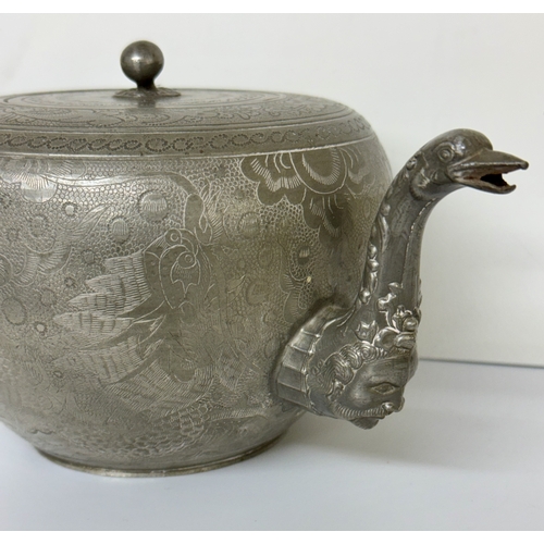 411 - CHINESE SWATOW PEWTER TEAPOT WITH REMOVABLE LINER, INTERTWINED DRAGON DESIGN UNUSUAL SPOUT WITH OPEN... 