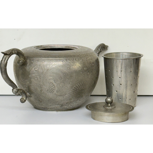 411 - CHINESE SWATOW PEWTER TEAPOT WITH REMOVABLE LINER, INTERTWINED DRAGON DESIGN UNUSUAL SPOUT WITH OPEN... 